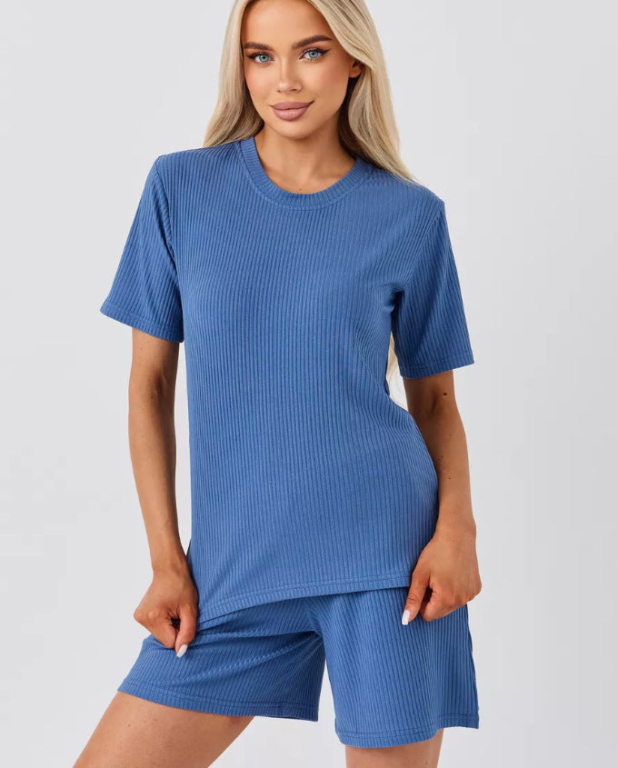 A two-piece set of fashionable striped casual short-sleeved top and shorts