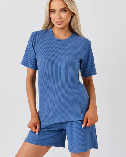 A two-piece set of fashionable striped casual short-sleeved top and shorts