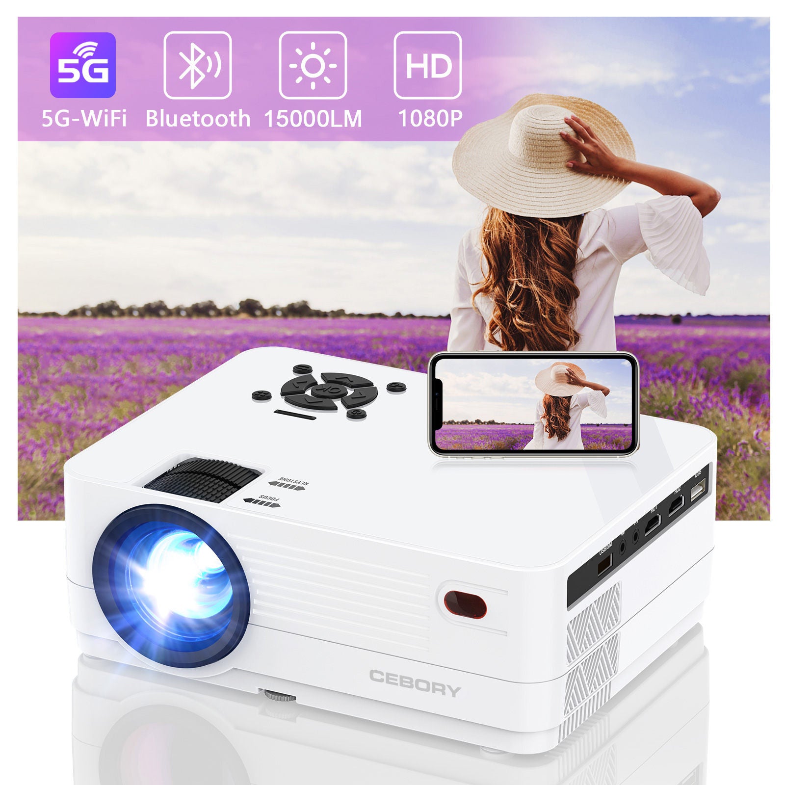 ULTIMATE MOVIE PROJECTOR- 1080P 5G WiFi Bluetooth Projector, 15000LM Full HD Movie Projector, 300, Display for Outdoor Movies Support 4k Home Theater, Compatible with iOS/Android/PC/XBox/PS4/TV