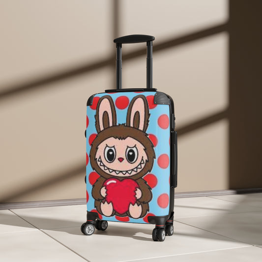 Luggage with a cartoon character design on a beige floor
