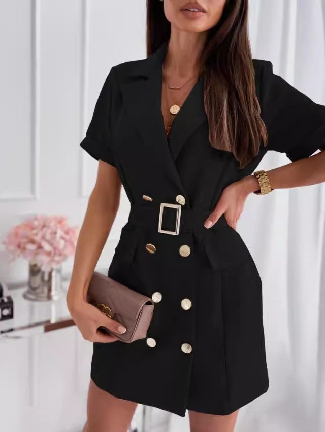 New waist double ed short-sleeved suit collar dress woman