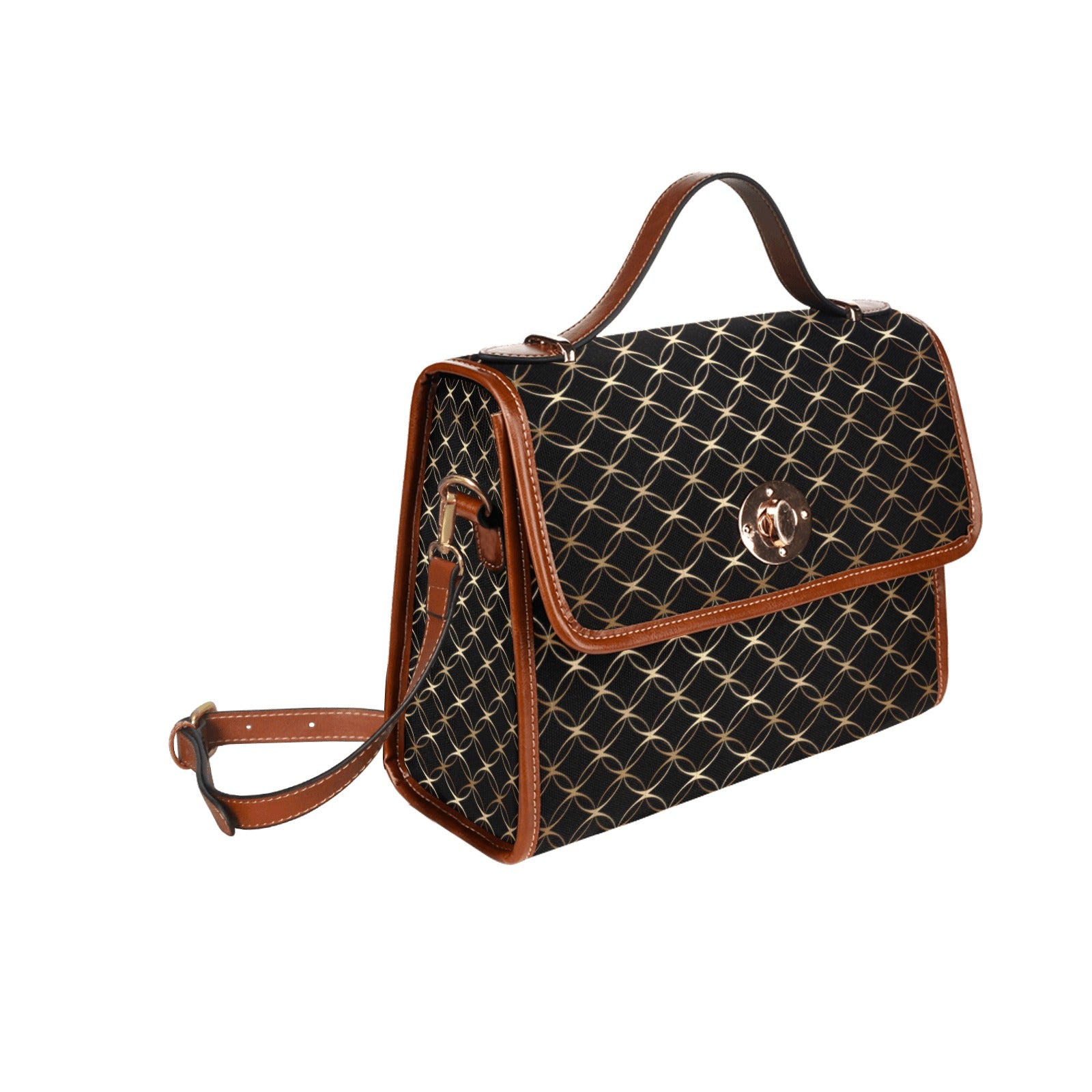 Shopksc.com Exclusive Black with Gold Link Rings Geometric Pattern Designs Handbag Fashion 