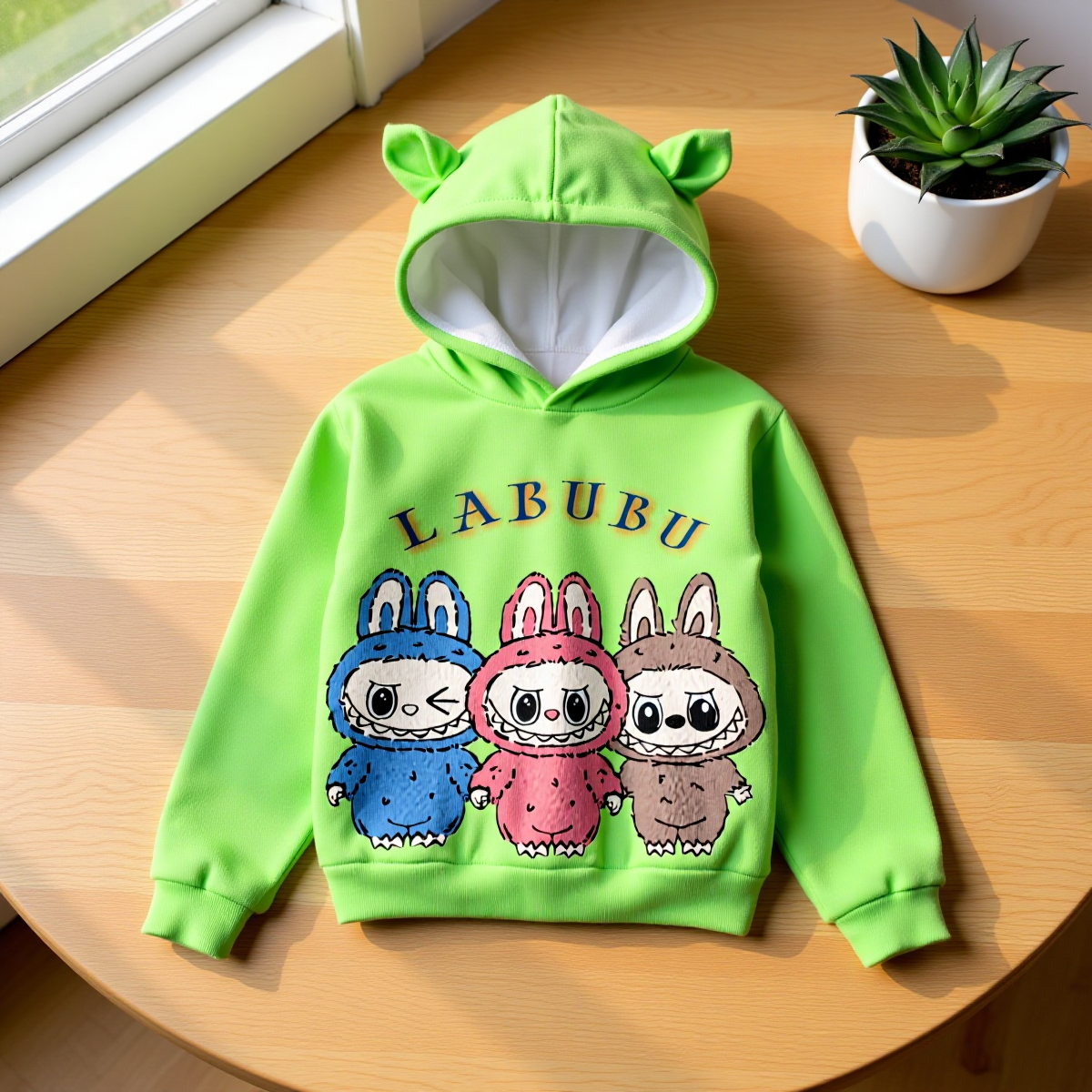 Green hoodie with cartoon characters and 'LABUBU' branding on a wooden surface.
