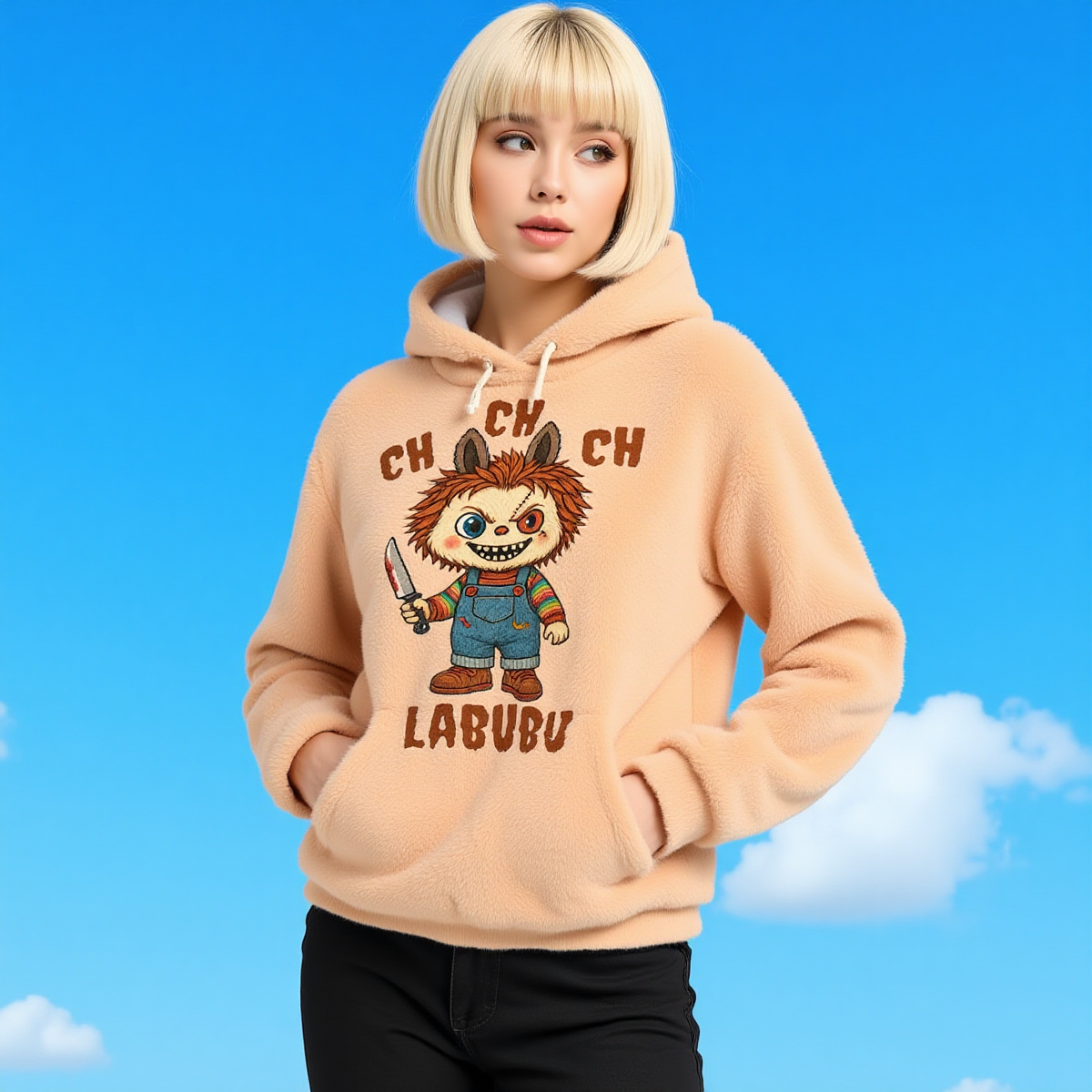 KSC's Exclusive Halloween Labubu Chucky Doll Kid’s Borg Fleece Sweatshirt With Ear