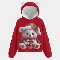 White Christmas Bear Red Kid’s Borg Fleece Hoodie With Ears