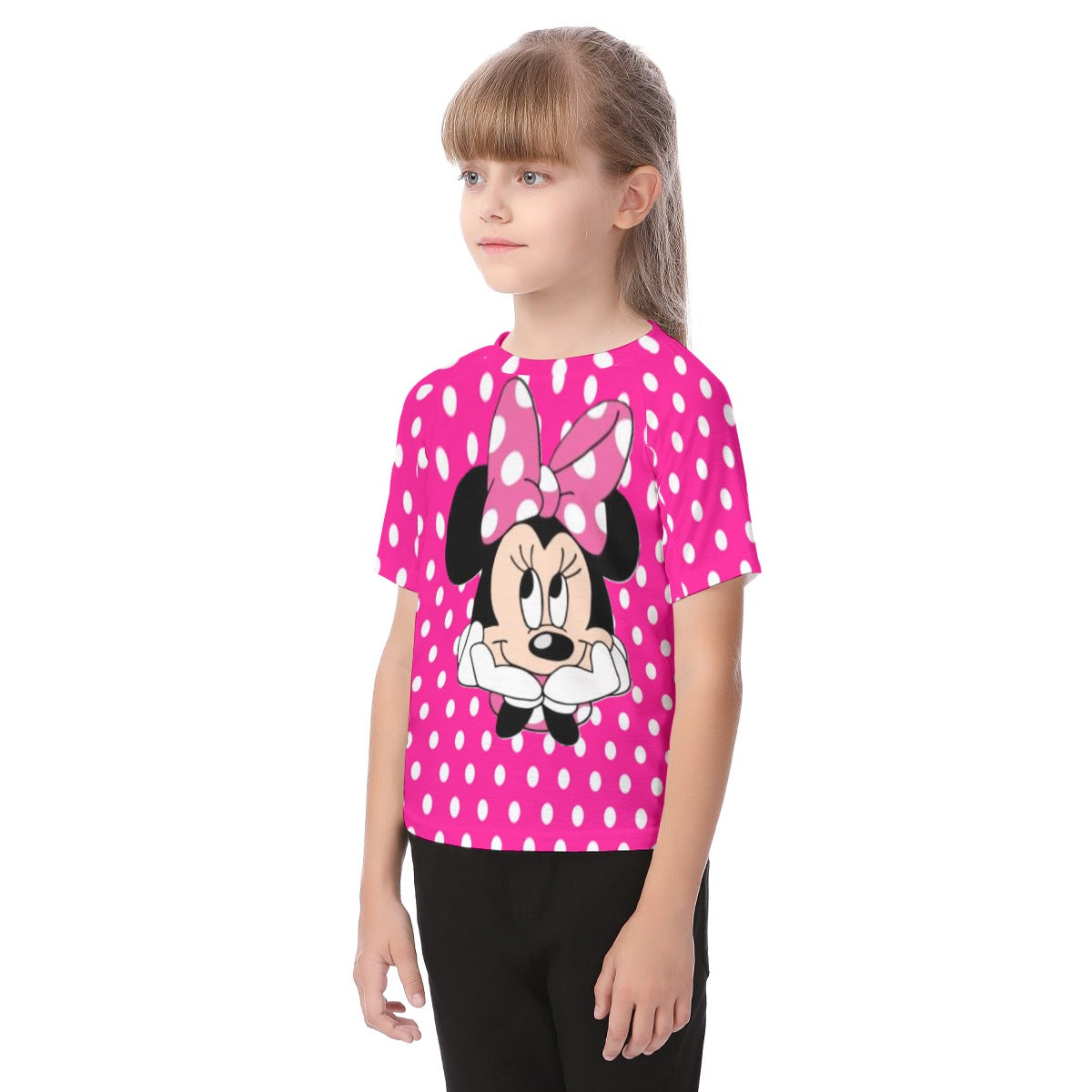 New Hot Pink w/White Polka Dot Minnie Kid's Raglan Sleeve T-shirt