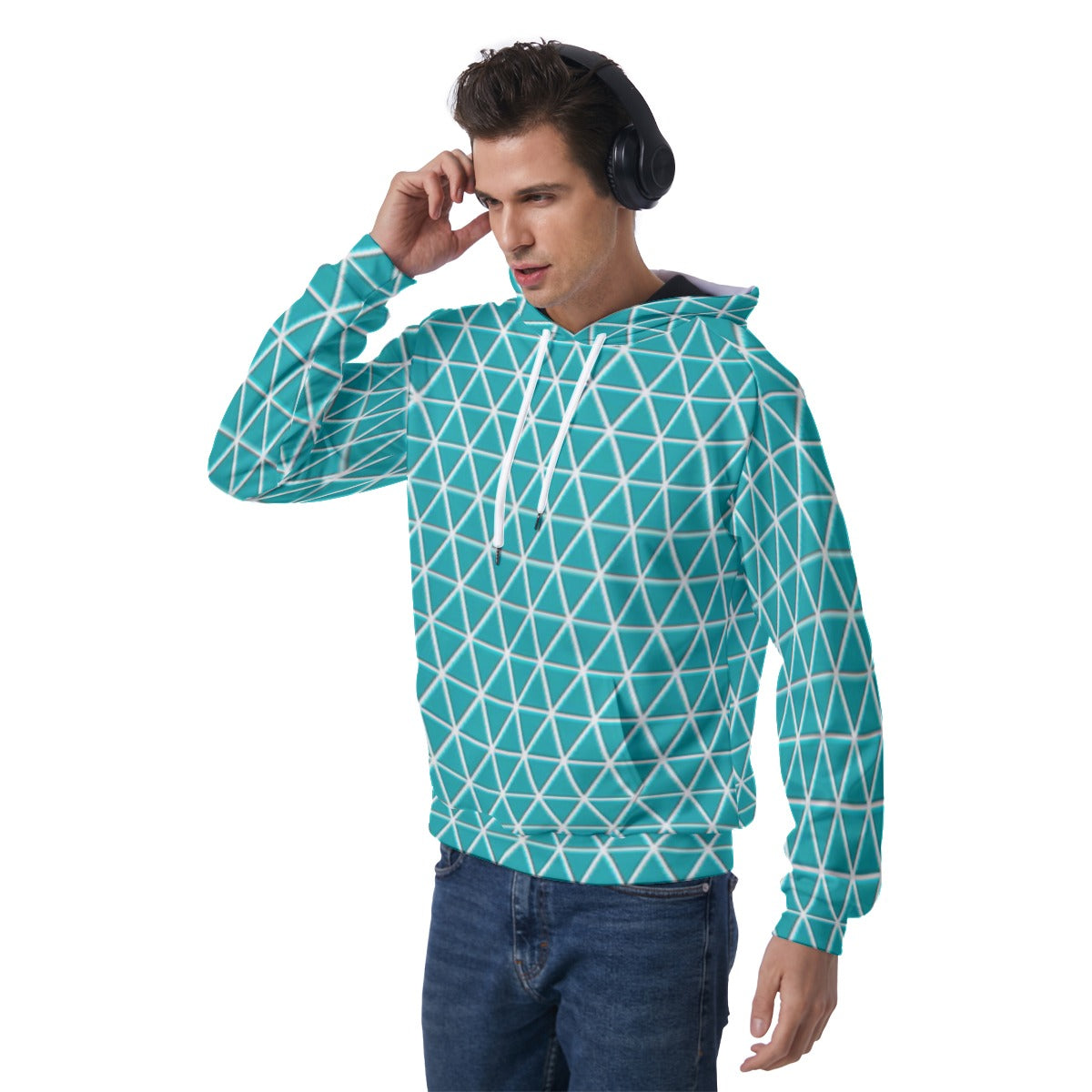 KSC's Exclusive Men's Teal Triangle Geometric Raglan Pullover Hoodie