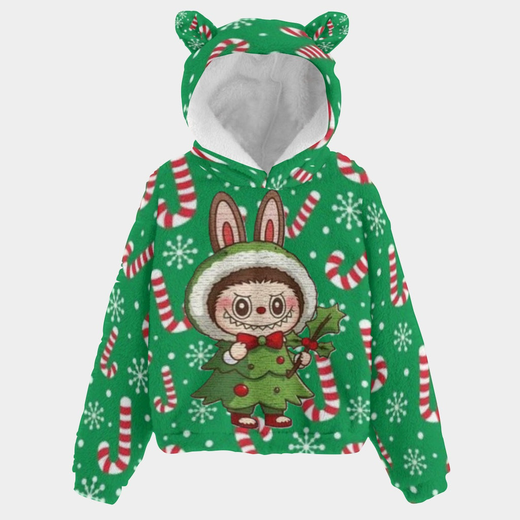 Christmas Labubu Kid’s Borg Fleece Hoodie With Ears