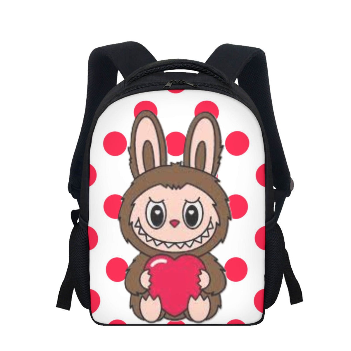 Backpack with cartoon character holding a heart on a white background