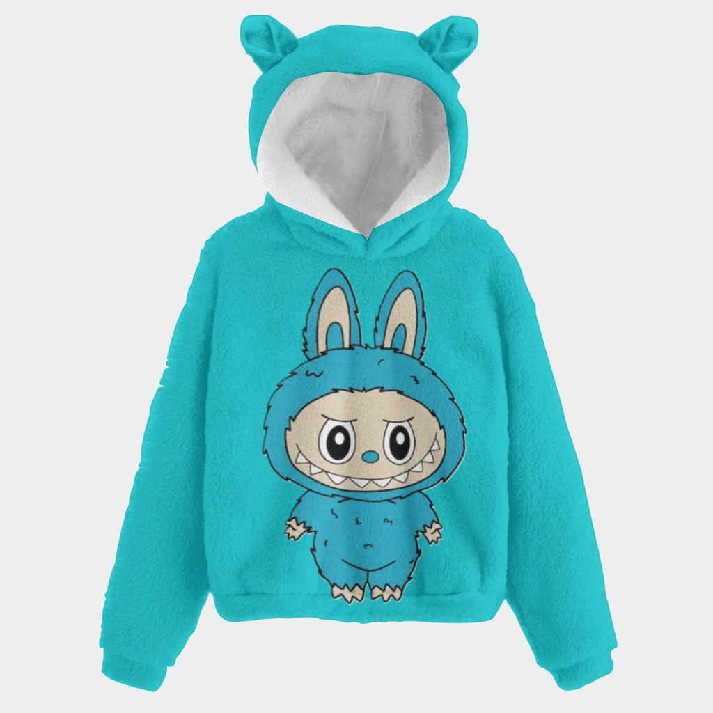 Turquoise hoodie with cartoon character on a light gray background