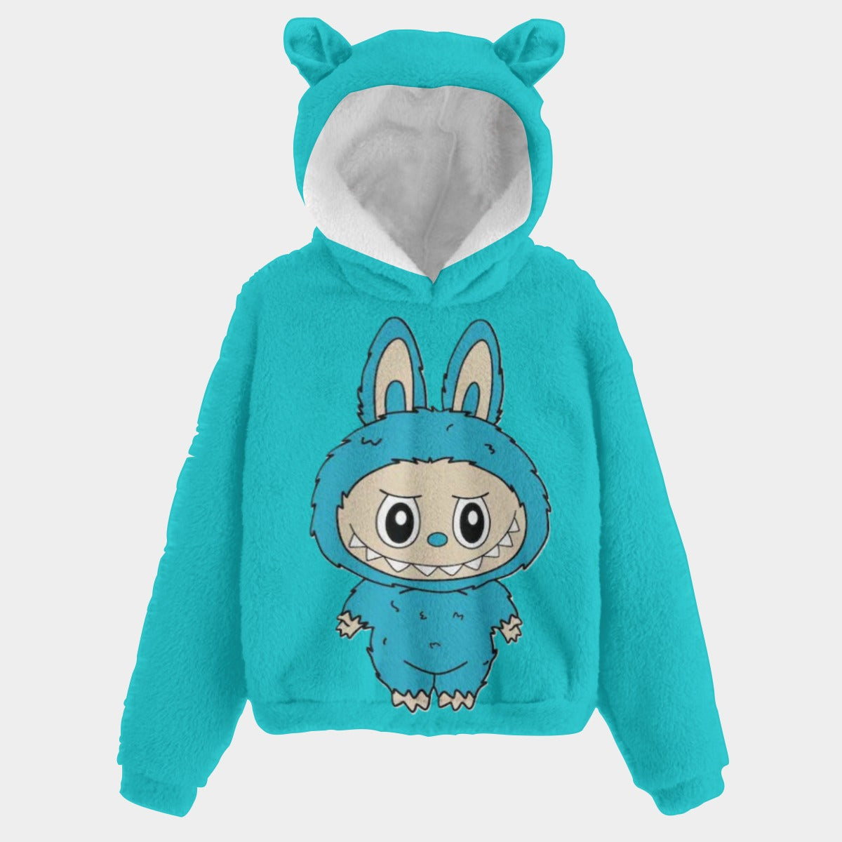 Turquoise hoodie with cartoon character on a light gray background
