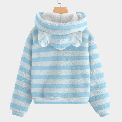 💙Cutey Blue Labubu™ Stripe Snuggle Hoodie – Fleece Ears Edition for Kids -Cutey Blue Labubu Blue Stripe Kid’s Borg Fleece Sweatshirt With Ear