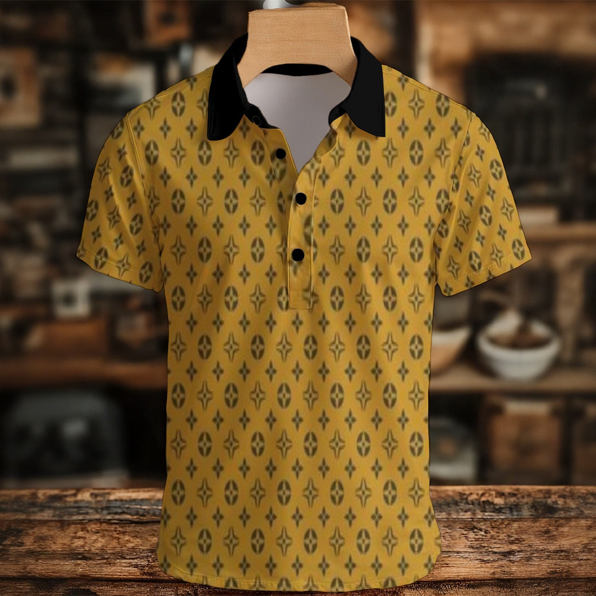 Yellow patterned polo shirt on a wooden hanger with a blurred indoor background