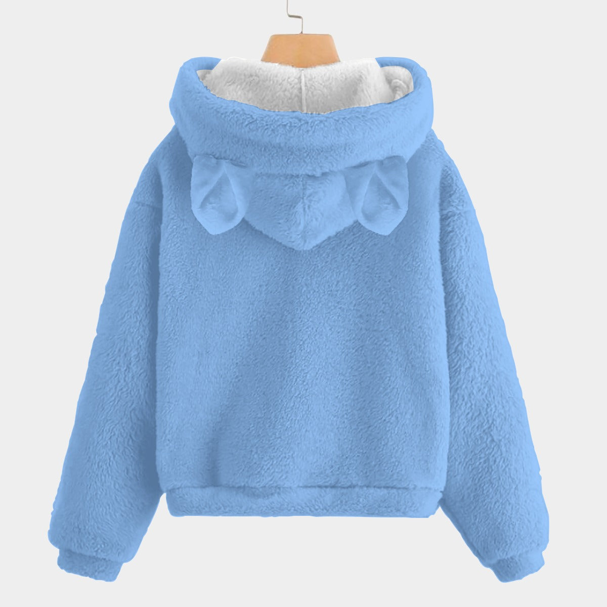 Blue fleece hoodie with bunny ears on a white background
