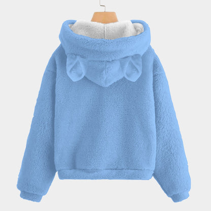 Blue fleece hoodie with bunny ears on a white background