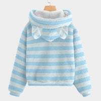💙Surprise Labubu™ Stripe Snuggle Hoodie – Blue Borg Fleece with Ears - SUPER SOFT! Surprise Labubu Blue Stripe Kid’s Borg Fleece Hoodie With Ears