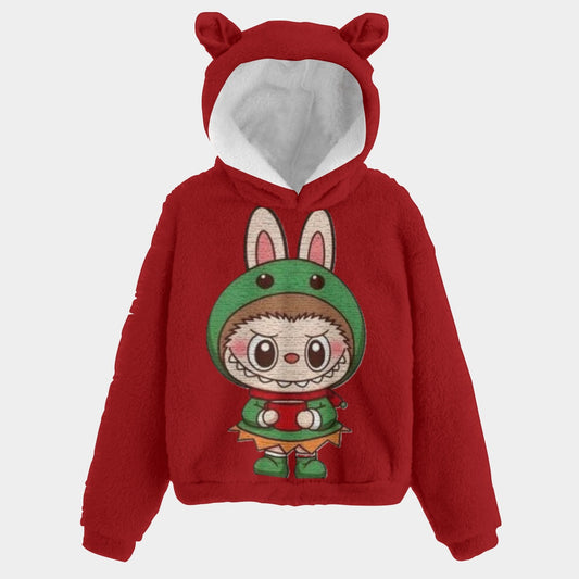 Red hoodie with cartoon character on a light gray background