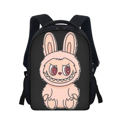 Black backpack with a cartoon bunny design on a white background