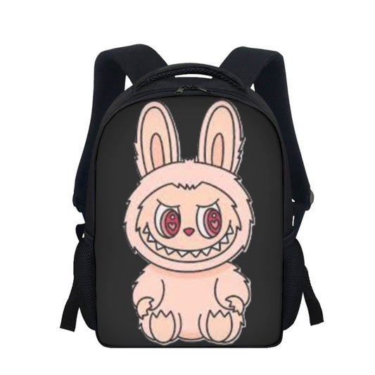 Black backpack with a cartoon bunny design on a white background