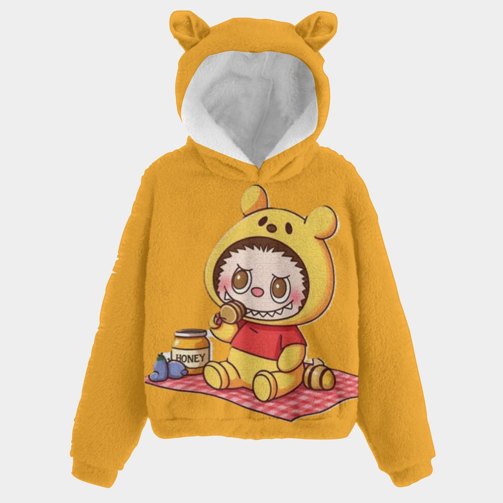 Yellow hoodie with cartoon character design on a white background