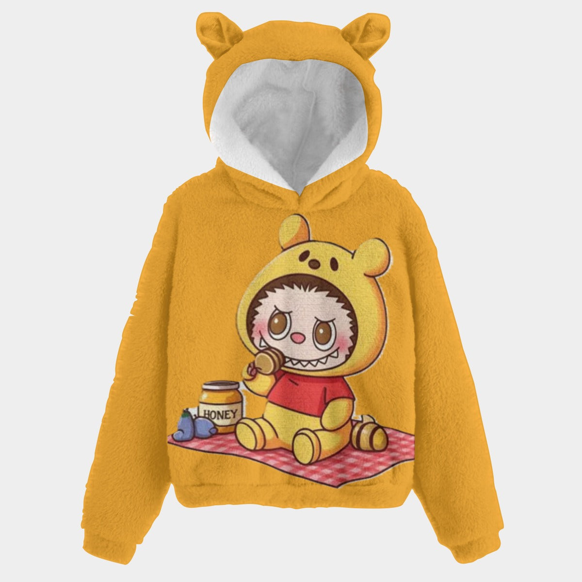 Yellow hoodie with cartoon character design on a white background