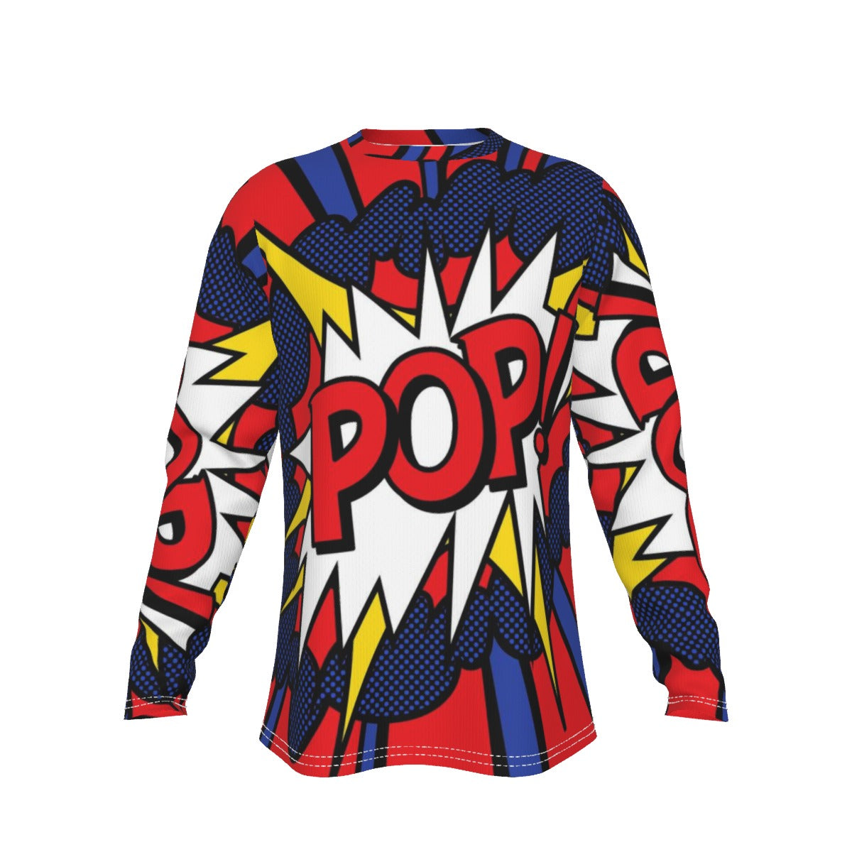 Colorful long-sleeve shirt with 'POP!' design on a white background