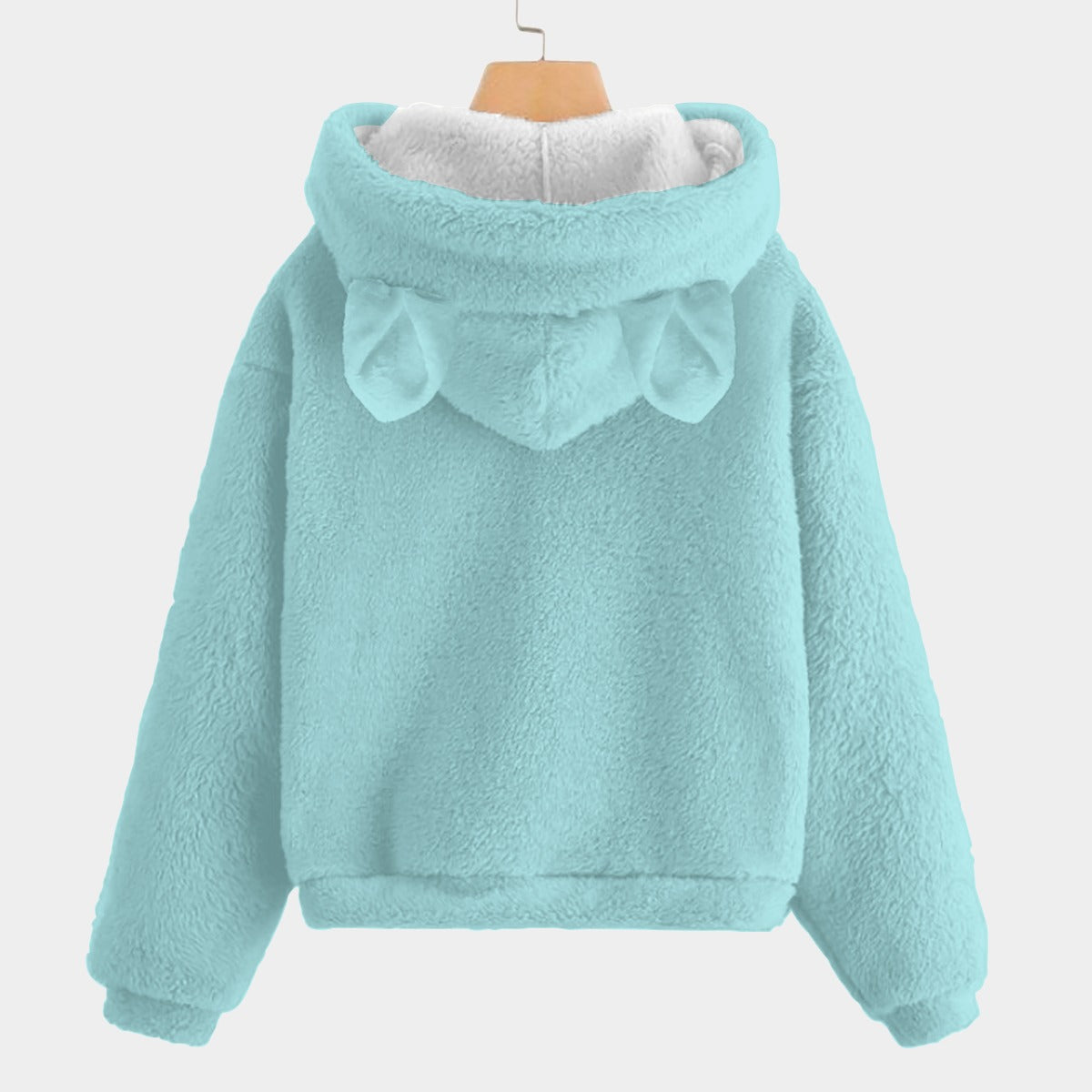 Light blue fleece hoodie with a hood on a white background