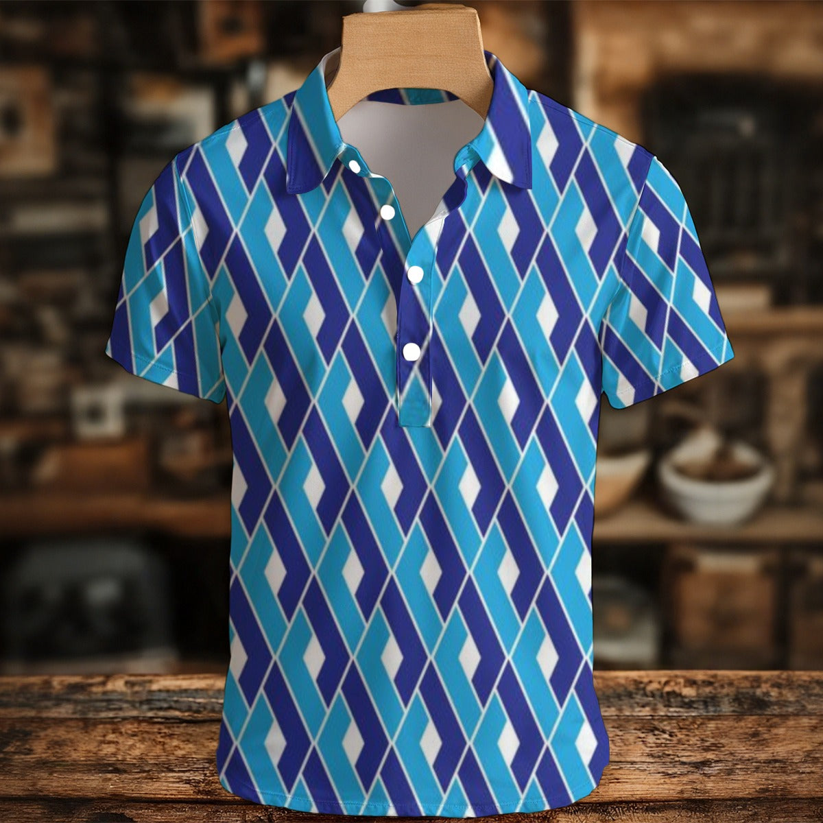 Blue and white patterned shirt on a wooden hanger against a blurred indoor background
