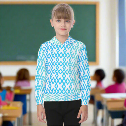 Girl wearing a blue and white patterned hoodie on a white background