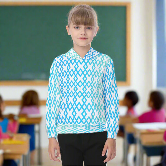Girl wearing a blue and white patterned hoodie on a white background