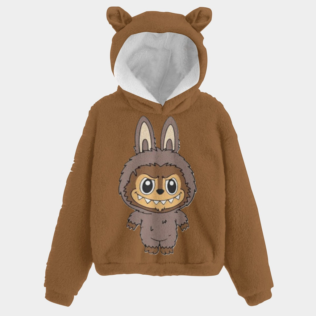 Brown hoodie with cartoon character on a light gray background