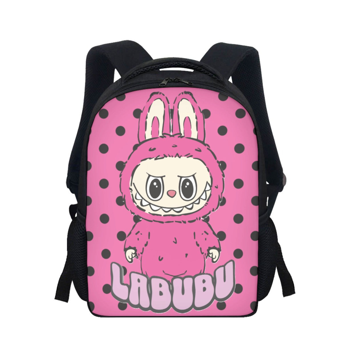 Backpack with cartoon character and 'LABUBU' branding on a pink background