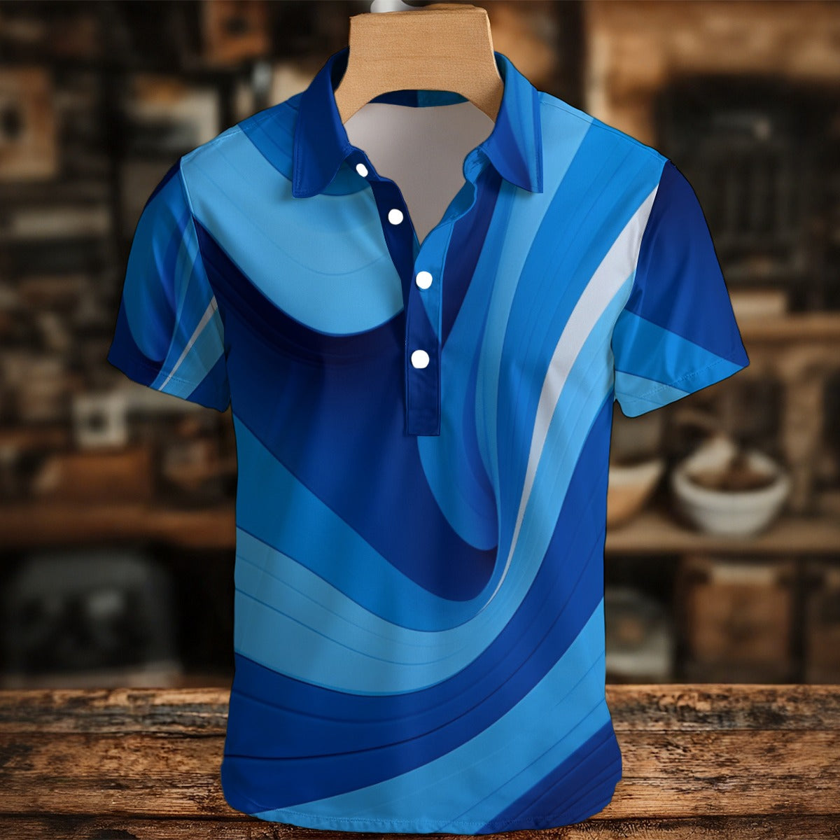 Blue and white striped polo shirt on a wooden hanger with a blurred background