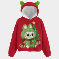 Christmas Labubu Kid’s Borg Fleece Hoodie With Ears