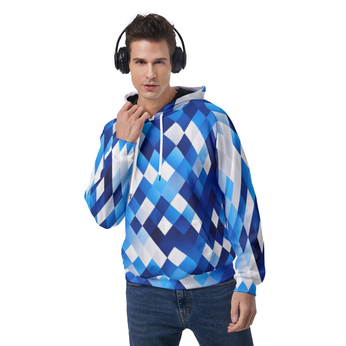 KSC's Exclusive Men's Blue & White Geometric Raglan Pullover Hoodie