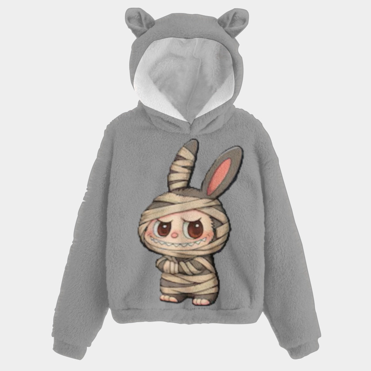 Gray hoodie with cartoon bunny mummy design on a white background