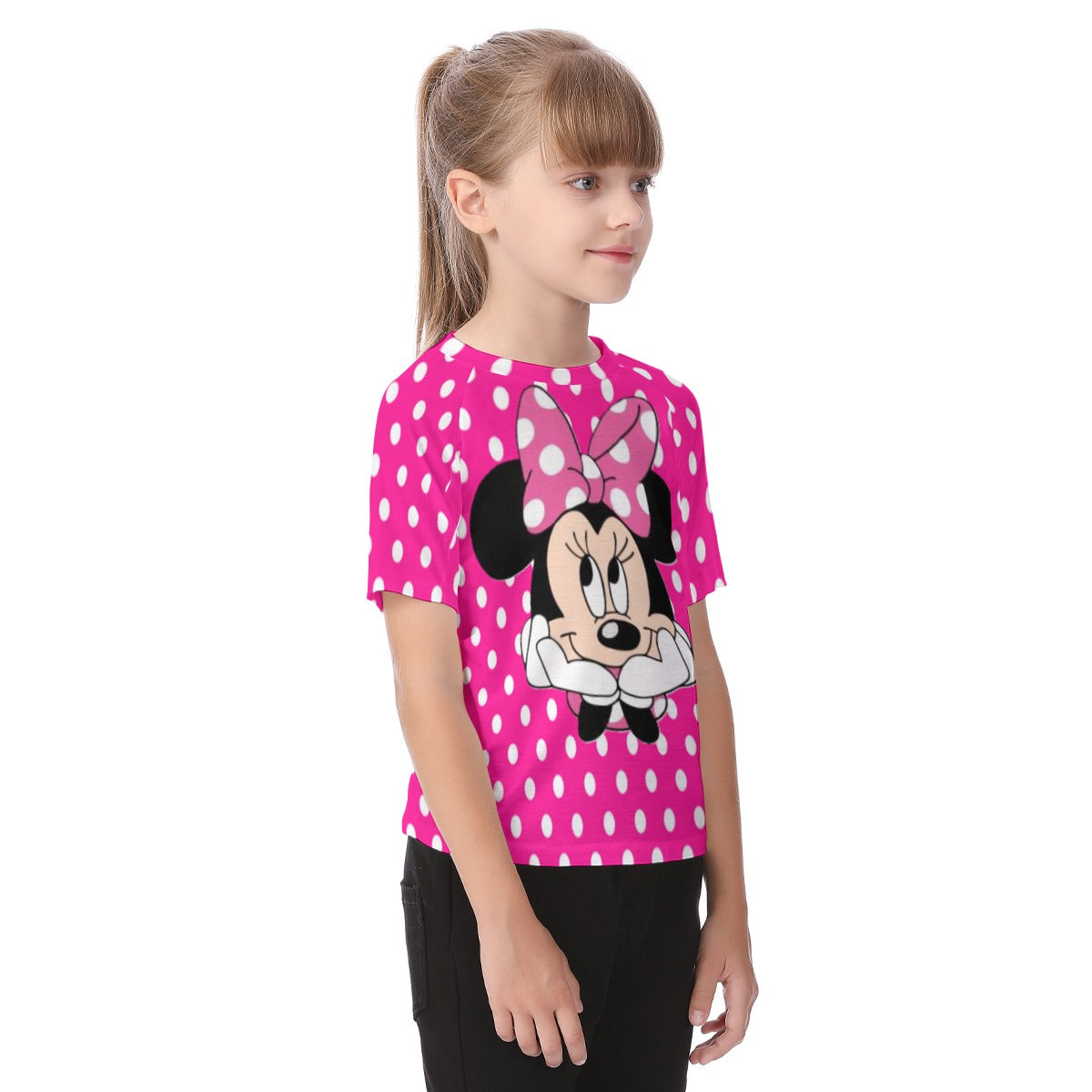 New Hot Pink w/White Polka Dot Minnie Kid's Raglan Sleeve T-shirt