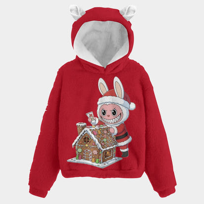 Christmas Labubu Kid’s Borg Fleece Hoodie With Ears