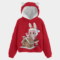 Christmas Labubu Kid’s Borg Fleece Hoodie With Ears
