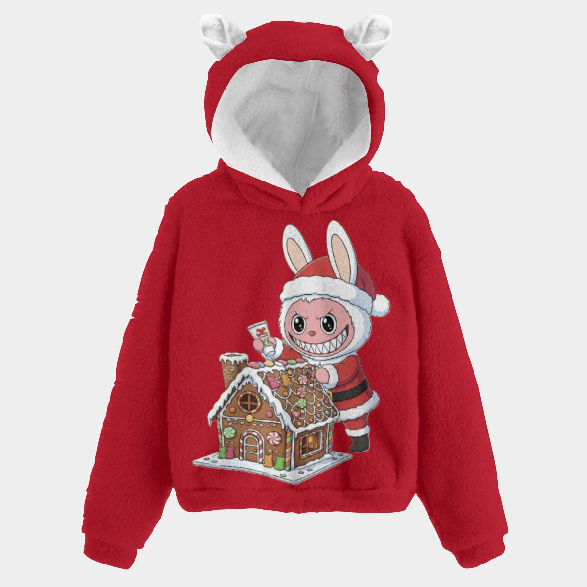 Christmas Labubu Kid’s Borg Fleece Hoodie With Ears