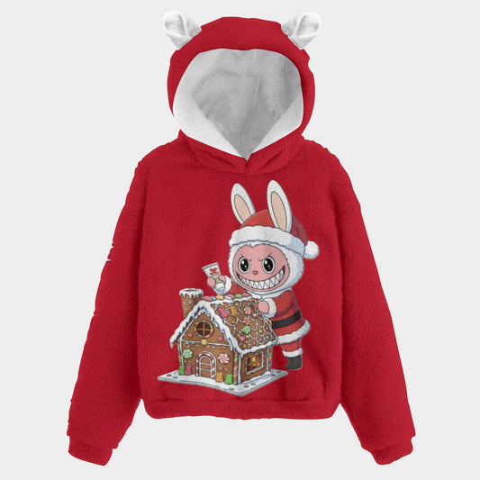 Christmas Labubu Kid’s Borg Fleece Hoodie With Ears