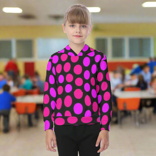 KSC's Exclusive/Custom- Young Girl's Hoodies-Black w/Hot Pink Polka Dots- Oversized Kid's Hoodie