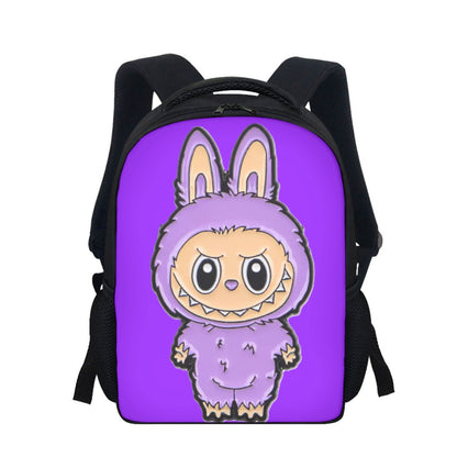 Backpack with a cartoon character in a purple costume on a purple background