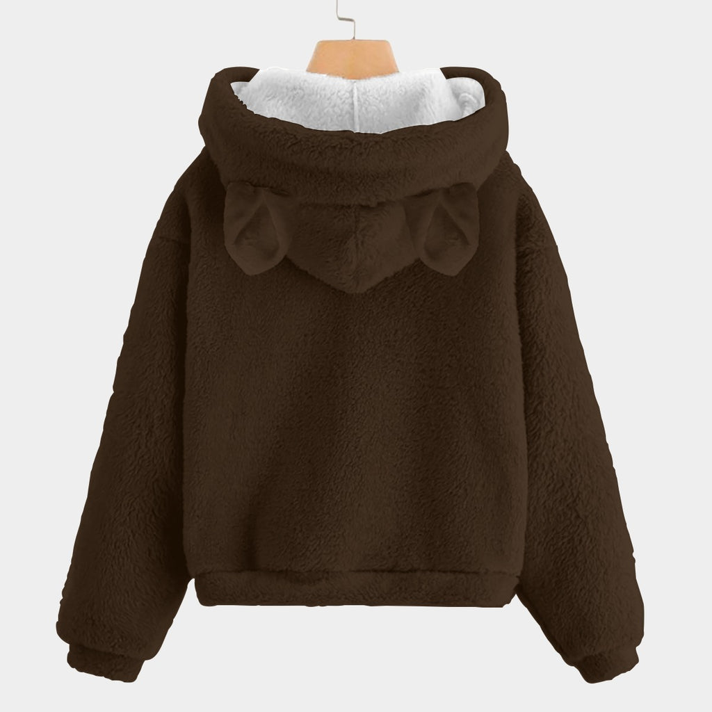 Brown fleece jacket with bunny ears on a white background