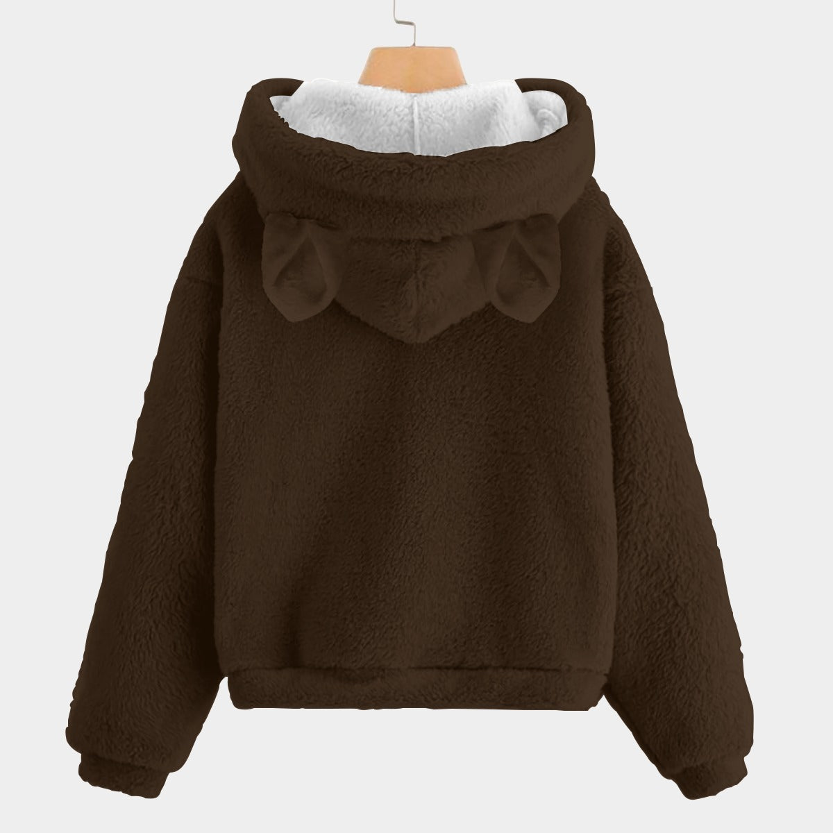 Brown fleece jacket with bunny ears on a white background
