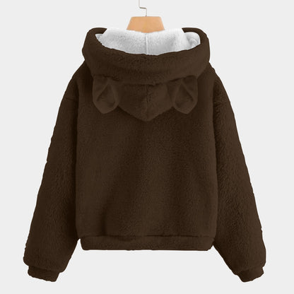 Brown fleece jacket with bunny ears on a white background