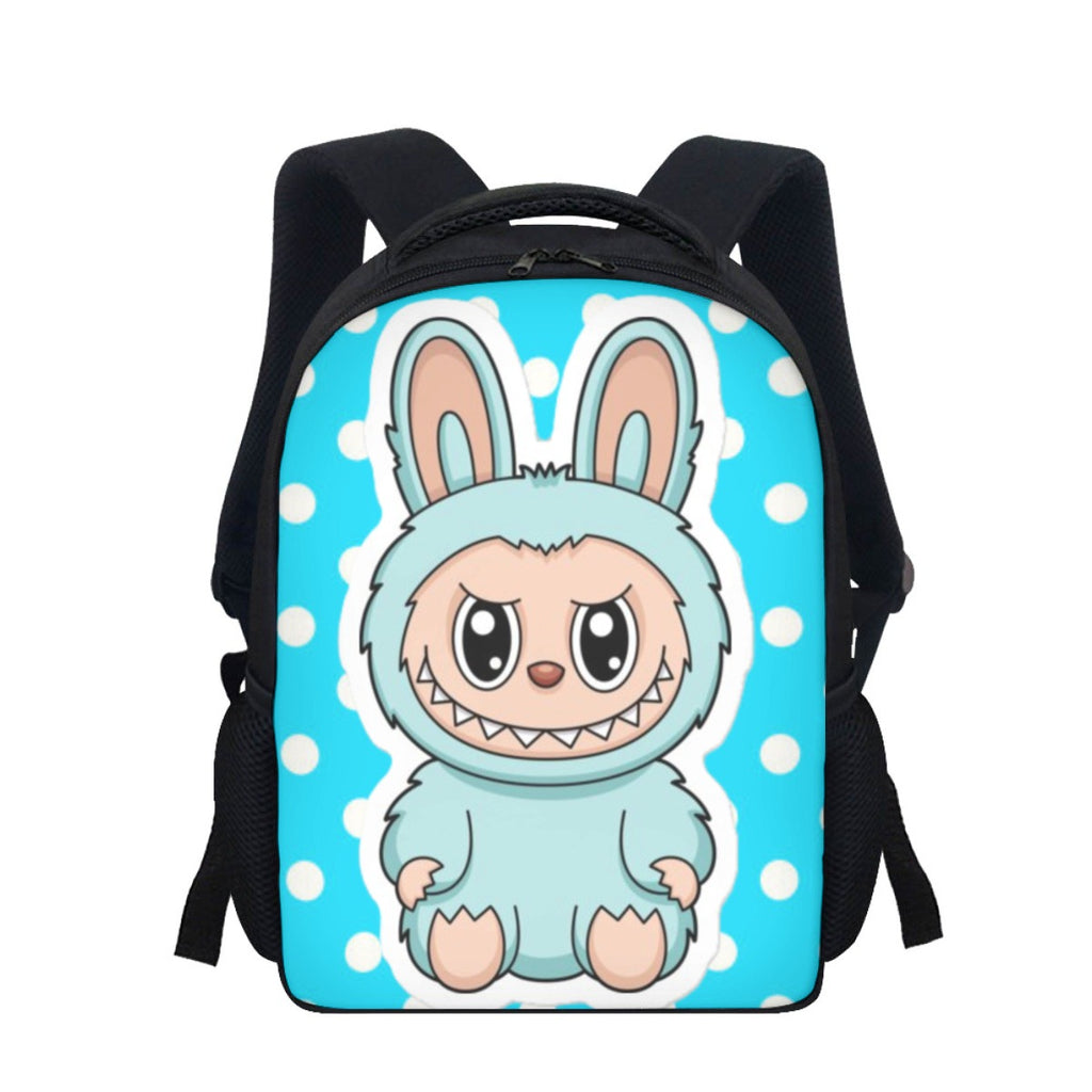 Backpack with a cartoon character in a bunny costume on a blue polka dot background