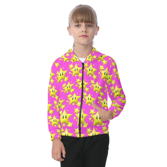 Child wearing a pink jacket with yellow star patterns on a white background
