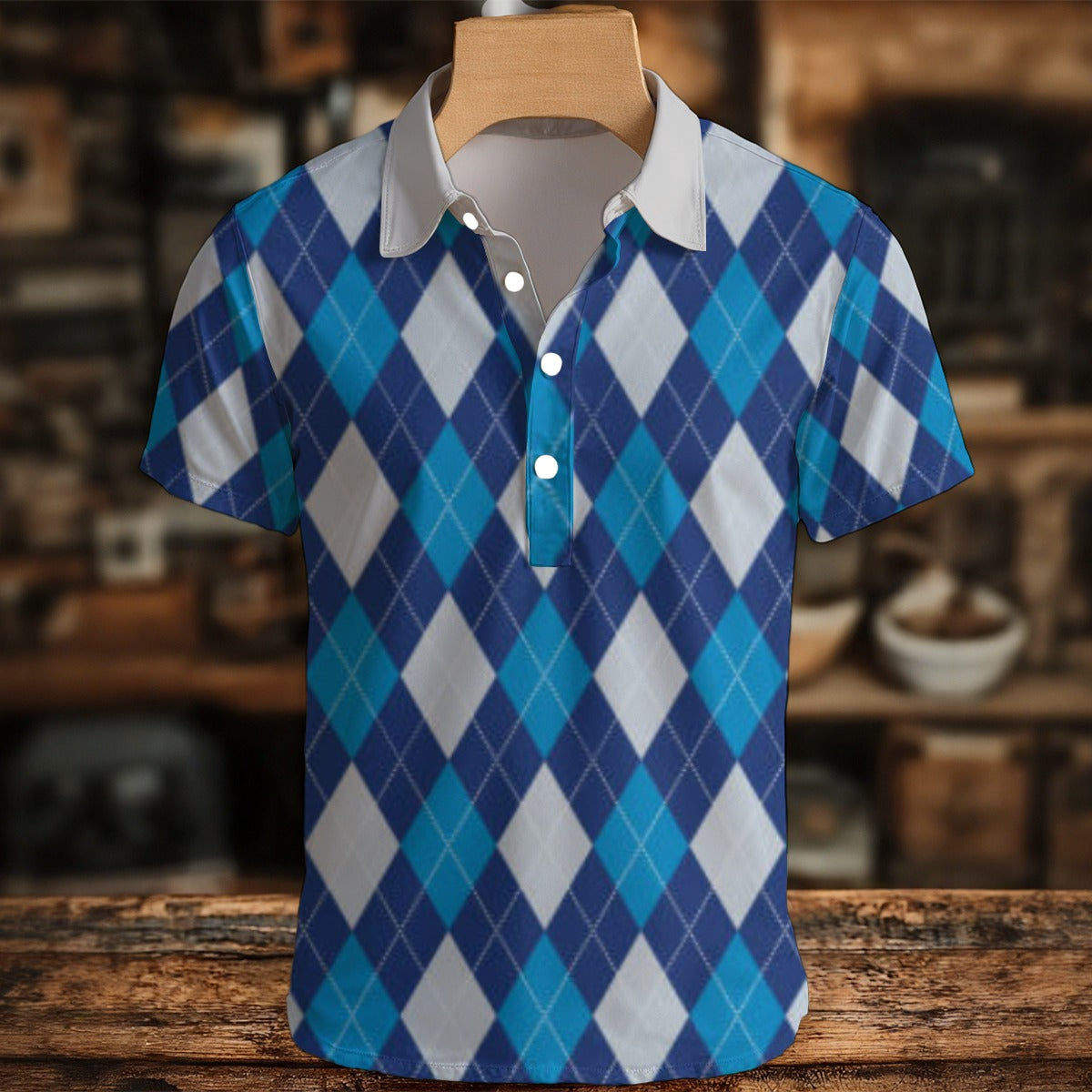 Blue and white argyle patterned polo shirt on a wooden hanger against a blurred indoor background.