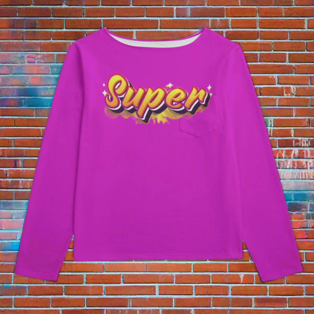 Purple long-sleeve shirt with 'Super' text on a white background